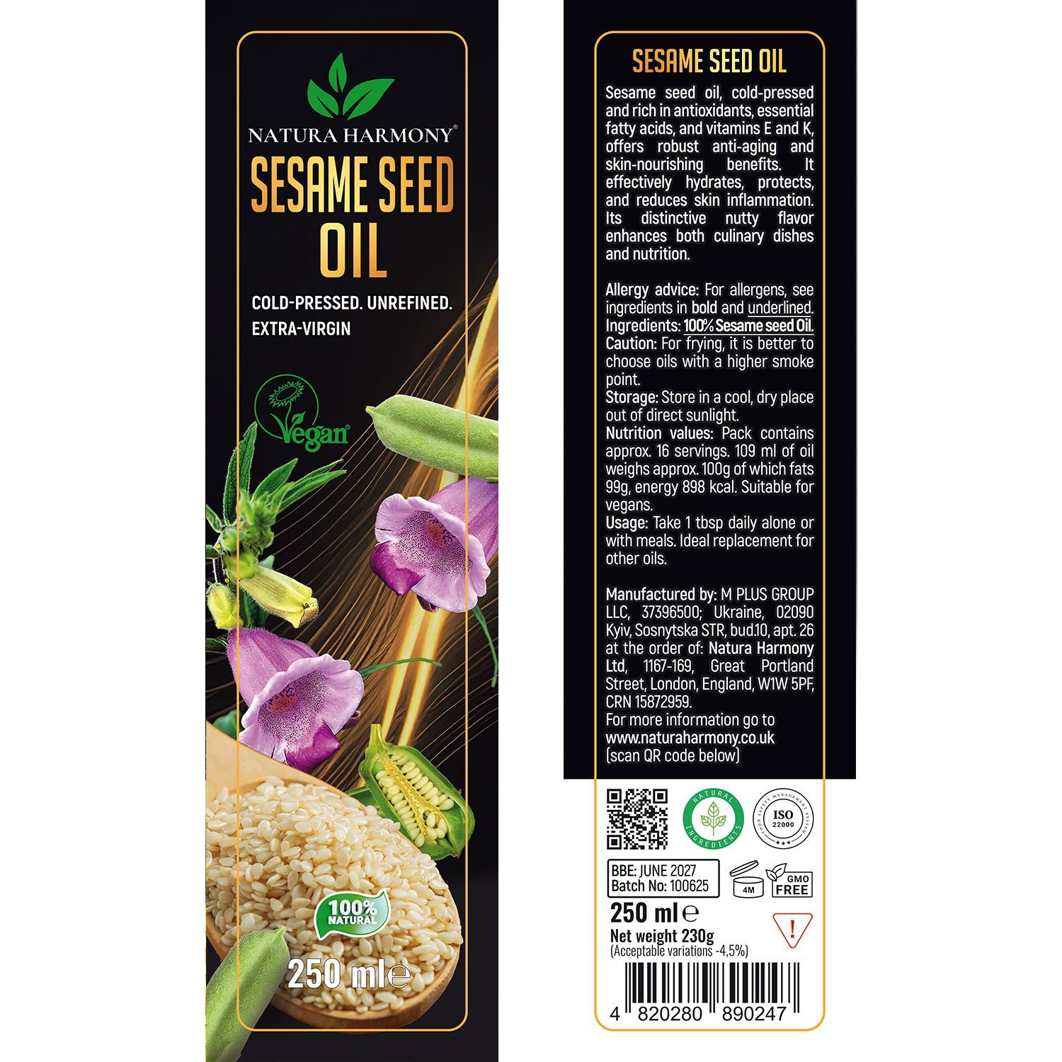 Sesame seed oil bottle label