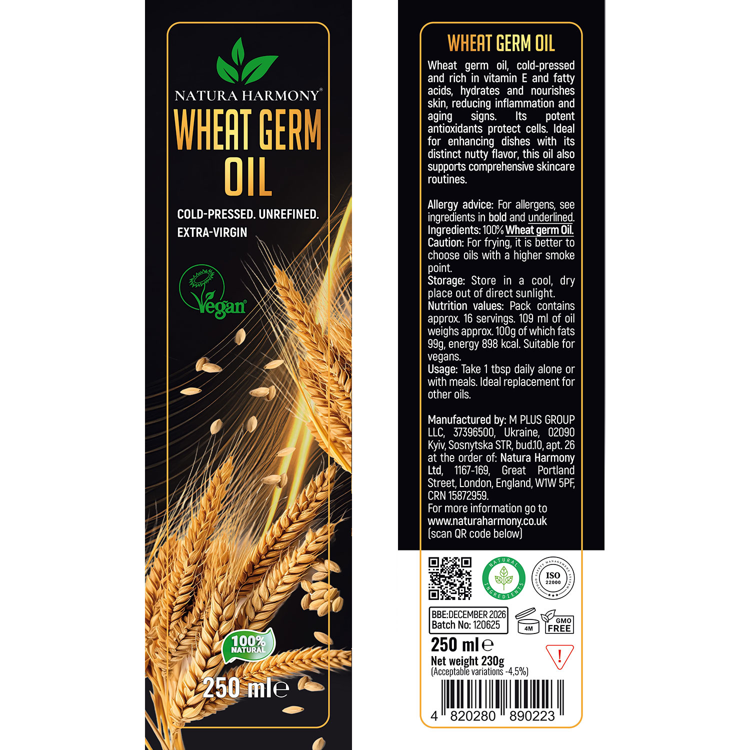 wheat germ oil 250ml bottle label