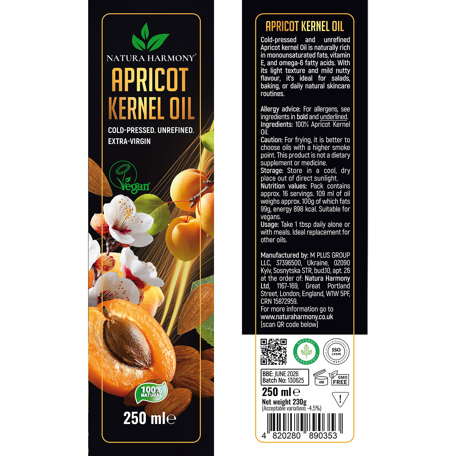 Apricot Oil 250ml bottle label