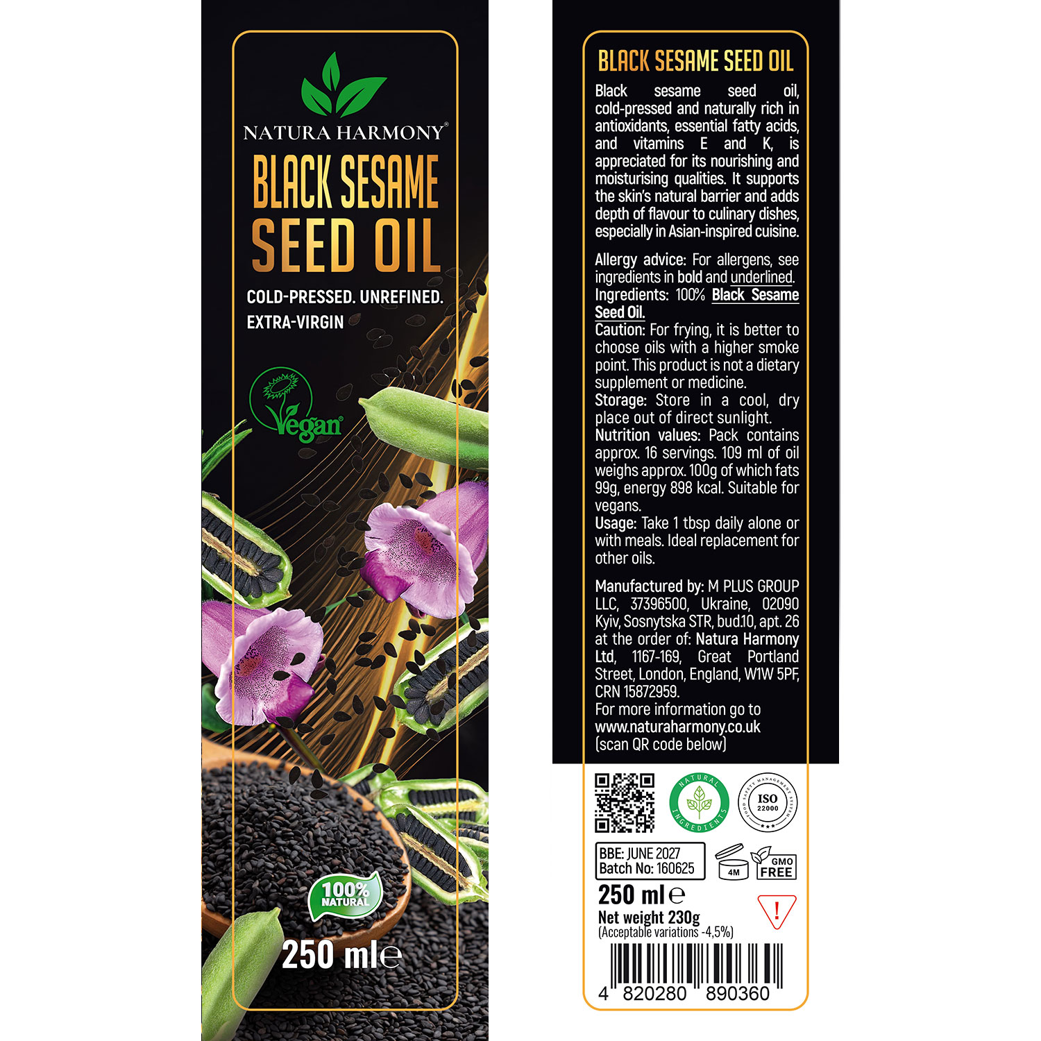 Black sesame Oil bottle label