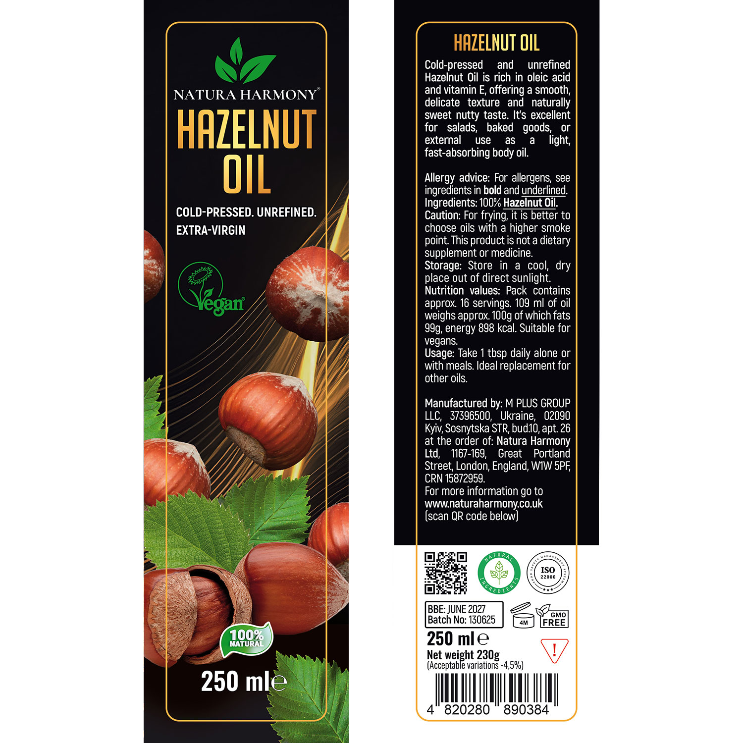 Hazelnut Oil 250ml bottle label