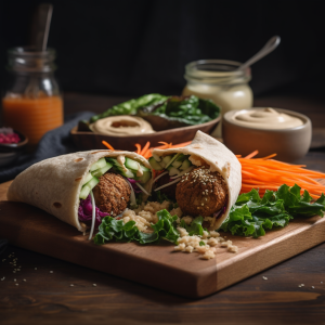 A modern vegan wrap with falafel, hummus, shredded carrots and greens, drizzled with walnut oil dressing