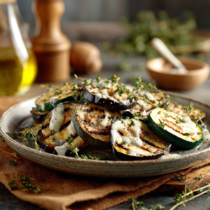 Grilled courgette and aubergine slices glazed with walnut oil dressing