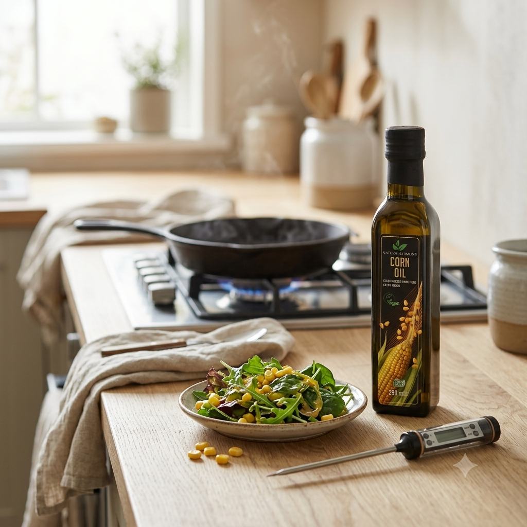 Cast-iron pan on the hob beside a bottle of cold-pressed oil kept off the heat