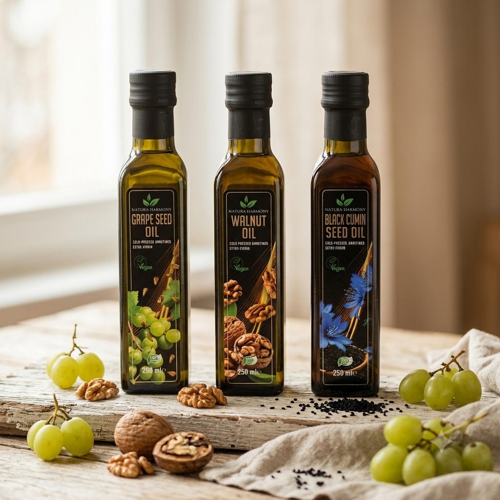 Three dark-glass bottles of Natura Harmony oil entered for Great Taste 2026