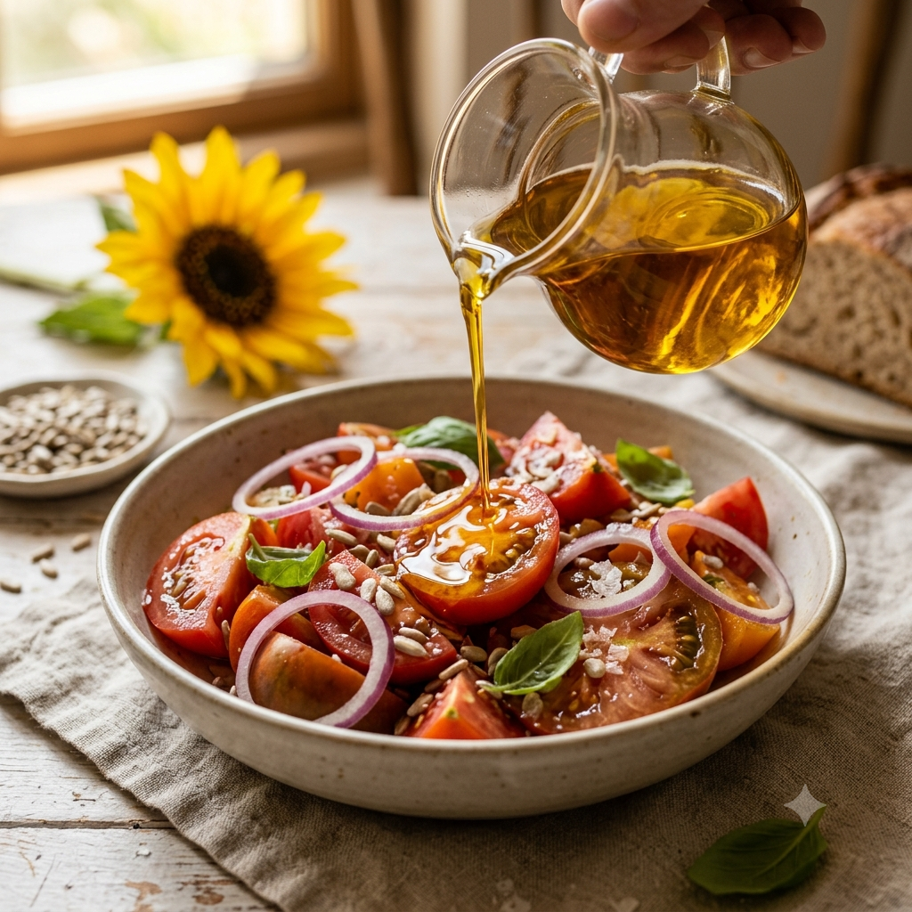 Golden cold-pressed sunflower oil poured over a Ukrainian-style tomato salad