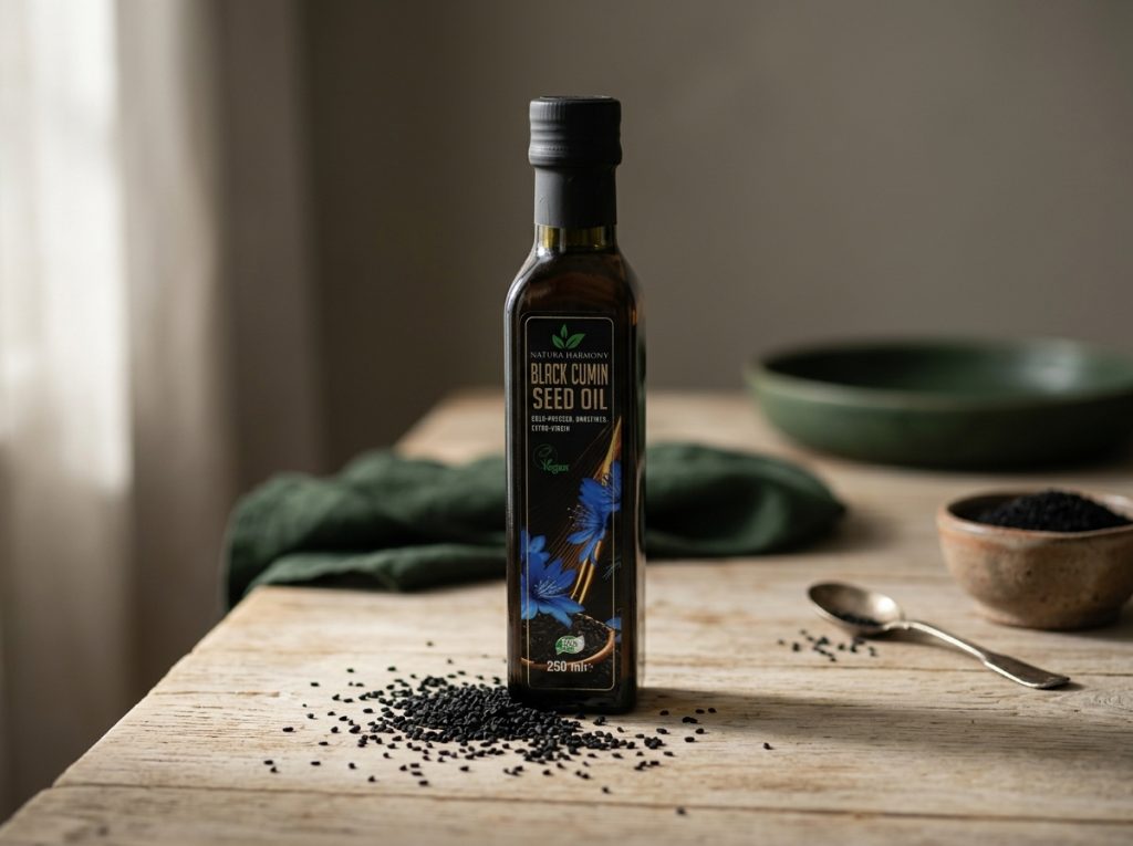 Cold-pressed black cumin seed oil bottle surrounded by whole black cumin seeds